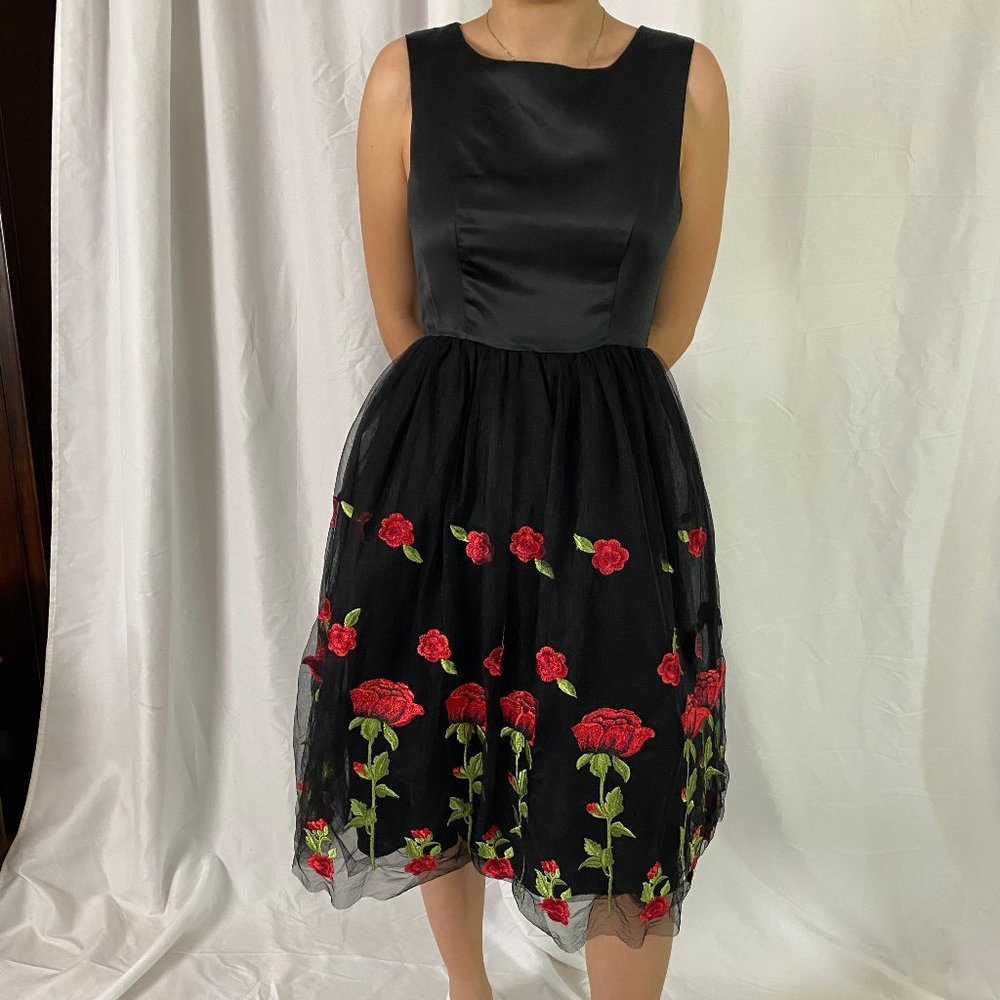 Black Prom Dress with Rose Detail